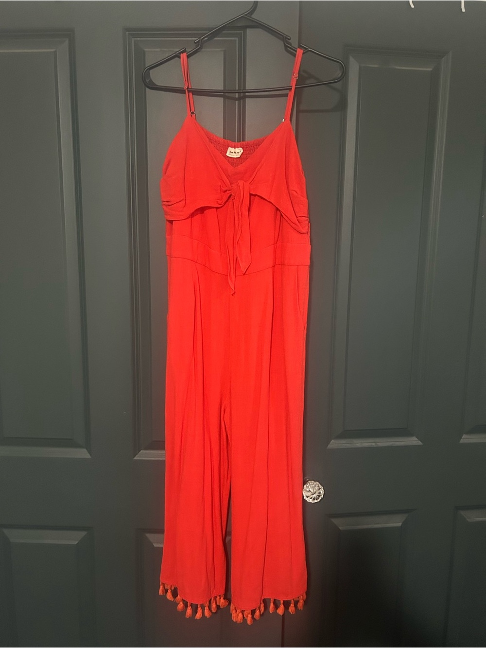 Three Bird Nest Bright Red Tie-Front Wide Leg Jumpsuit with Tassel Trim